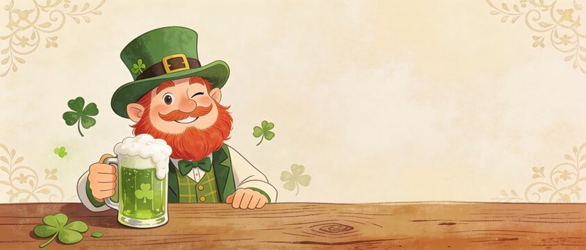 Leprechaun man winking and holding beer mug with green beer. St Patrick day celebration, Irish cultural character for invitation.