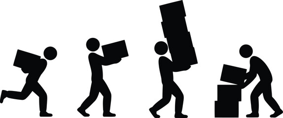 Silhouettes of people actively moving boxes, demonstrating various stages of lifting and transporting items