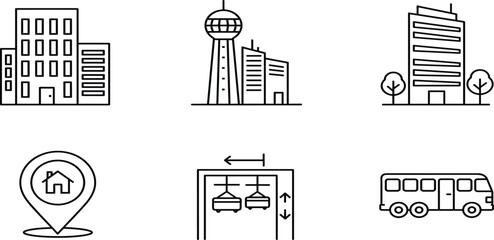 City infrastructure icon set, featuring modern office buildings, observation tower, luxury skyscraper, house location pin, elevator lift system, and public transportation bus, for  © Zakia