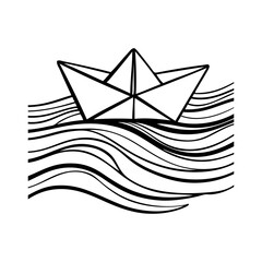 Logo Nautical. Dibujo sencillo con líneas de un barco de papel estilo origami con olas de mar © teracreonte