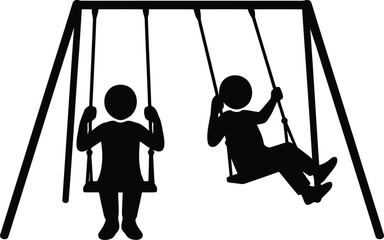 Silhouettes of two kids enjoying a sunny day on a classic swing set