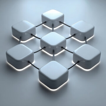 White square modules linked by looping conduit with soft shadows on gray