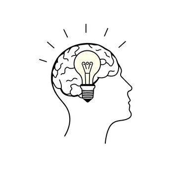 Man silhouette brain with globe light bulb as line drawing on white background. Vector