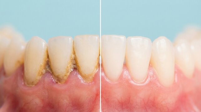 Side-by-side comparison shows human teeth before and after professional cleaning, illustrating tartar and plaque removal.