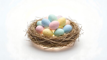 Obraz premium Isolated pastel Easter eggs in grass nest on white background, studio shot