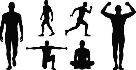 Six black male silhouettes display common human body postures for fitness and movement activities