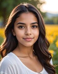 Fototapeta premium Young woman smiling portrait against a blurred yellow floral background