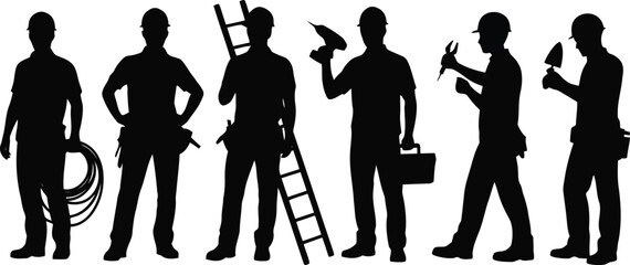 Six skilled workers standing with various tools and equipment ready for construction or maintenance tasks