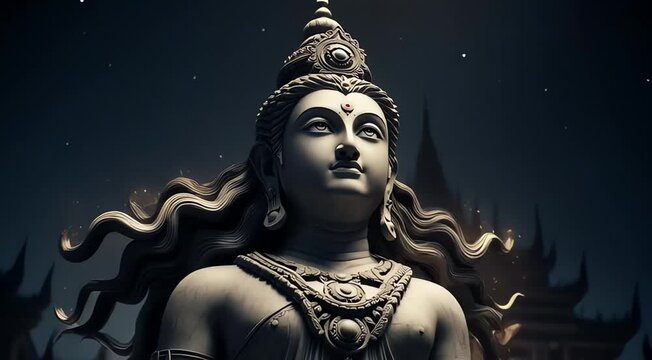 Adiyogi Shiva Statue Under Night Sky with Crescent Moon &ndash; Spiritual and Meditative Concept