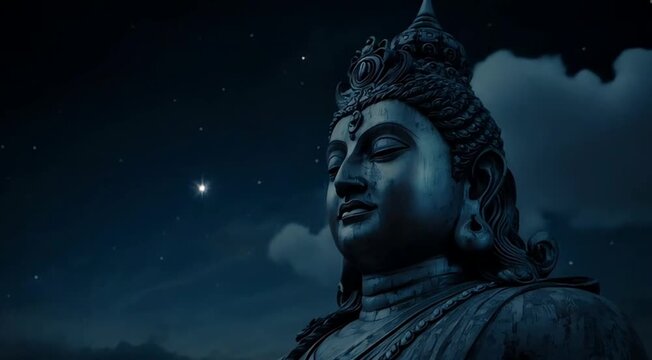 Adiyogi Shiva Statue Under Night Sky with Crescent Moon &ndash; Spiritual and Meditative Concept