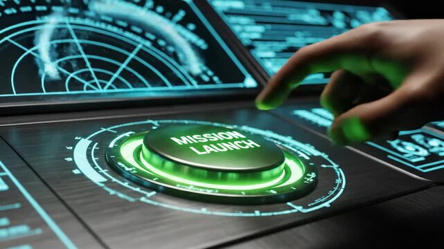 Close up of Man pressing mission launch button on futuristic spaceship control panel with radar display and rocket launch animation
