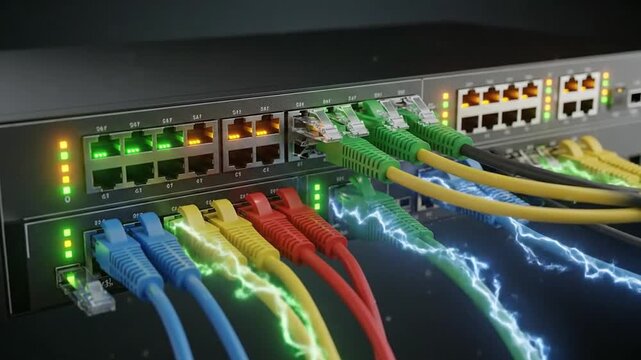Network switch with colorful Ethernet cables connected