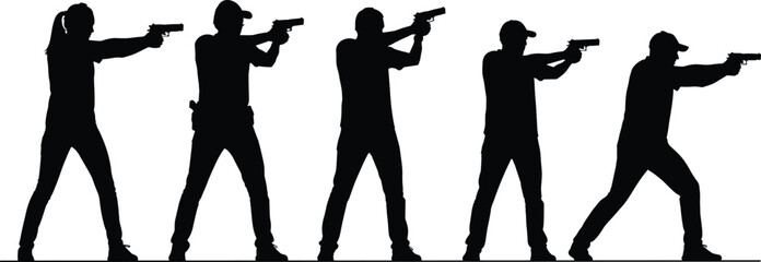 Vector silhouette collection of people training with handguns featuring men and women in various tactical shooting stances, aiming, and firing © Mukta