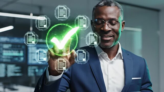 Man in Blue Suit Gestures Towards Digital Check Mark and Document Icons with Data Screens Background