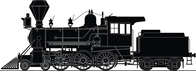 Vintage steam locomotive train vector illustration, antique engine silhouette with coal tender, old railroad transportation isolated on white background, © Mukta