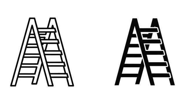 Double step ladders icon set, outline and filled styles