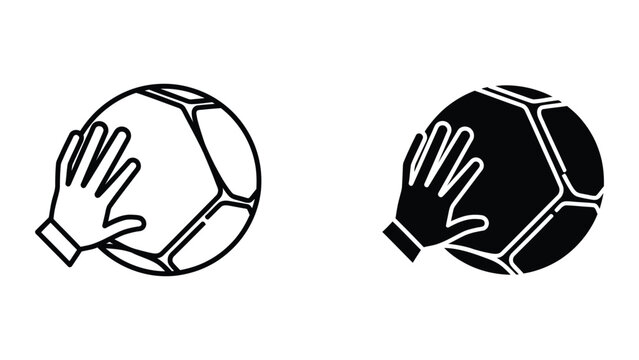 Hand holding soccer ball outline icons, black and white