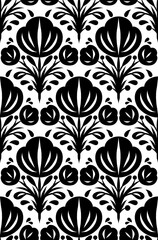 Fototapeta premium Vector monochrome folk art floral pattern with stylized flowers and leaves. Decorative seamless surface design
