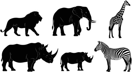 Safari animal silhouette collection, wild African wildlife vector set, lion elephant giraffe zebra rhino graphics, isolated black savannah fauna elements. © Ahsan