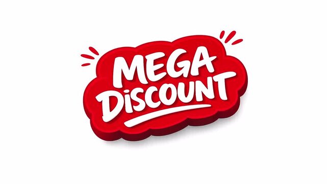 Animated video Handwritten Mega Discount, in 3D red and white, transparent or alpha background, 4K footage.
