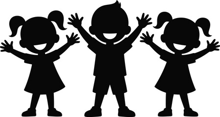 Three cheerful young children silhouettes with their arms raised high in a joyful celebration on white