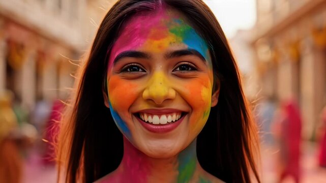 Happy holi festival smiling indian woman with colorful face powder celebrating spring tradition in street for cultural greeting promotion commercial video