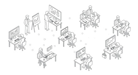 Fototapeta premium Employees work collaboratively around computer desks in an office environment.