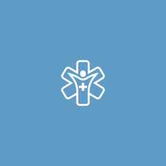 Fototapeta premium Vector line icon of a stylized person with a cross inside an asterisk shape, representing health, wellness, and medical care, isolated on a solid sky blue background.
