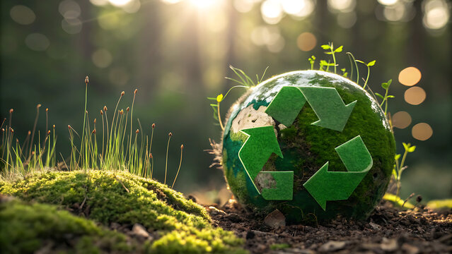 Green recycling symbol globe on mossy ground in sunlit forest eco sustainability concept