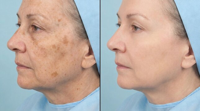 Profile view comparison demonstrates significant removal of dark pigmentation spots and sun damage from a woman's face following intensive dermatological treatment.