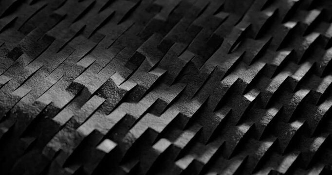 Gray Paper Strips Woven Texture. Slow panning footage across an intricate woven pattern of overlapping rectangular gray paper strips, revealing subtle depth and layered shadows.
