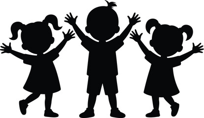 Three joyful little boys and girls with arms reaching up towards the sky playfully