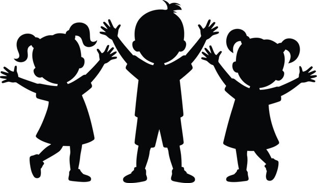 Three joyful little boys and girls with arms reaching up towards the sky playfully