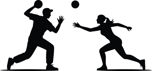 Two athletic silhouettes depict a man in a cap throwing a ball toward a woman in motion