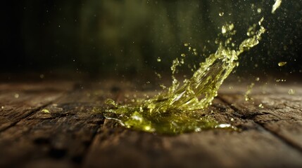An artistic capture of golden olive oil splashing dramatically on a rustic wooden surface, emphasizing movement, texture, and the vibrancy of cooking elements.