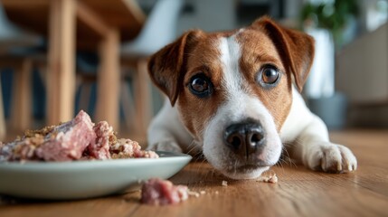 Fototapeta na wymiar This adorable image illustrates a dog resting near its food bowl, conveying a sense of loyalty and love in a home environment that speaks to the bond between pets and humans.