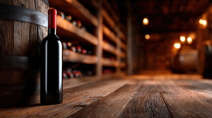 Naklejka premium This image captures a single elegant red wine bottle set against wooden barrels in a cozy wine cellar, evoking warmth and sophistication in a rustic atmosphere.