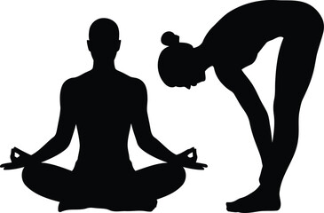 Two black silhouette figures demonstrate different yoga postures including a seated meditation and a forward bend