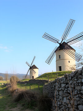 Windmills of Tes village hungarian name is Tesi szelmalmok. The old windmills are free visitable monuments in Veszprem county. Near by Bakony mountains.
