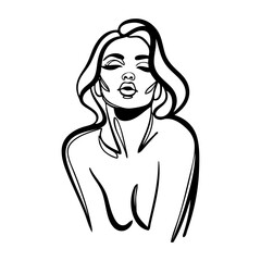 Dibujo con línea continua del retrato de una hermosa joven  desnuda enviando un beso © teracreonte