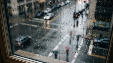 Rainy city street seen through a window with raindrops on the glass