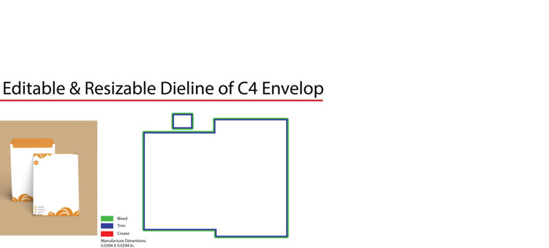 Editable and Resizable Dieline of C4 Envelope Template with Color- Coded Guidelines