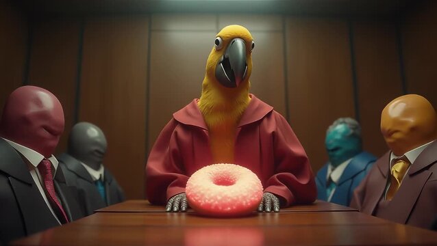 Parrot in Suit Discusses Donut with Mysterious Figures in Meeting