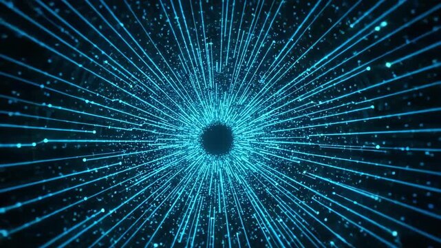 Fiber optic strands emerge from a deep space portal to form a futuristic background suitable for tech and science advertisements.