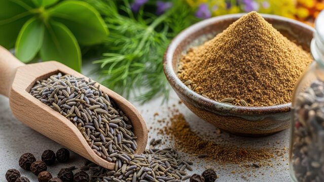 Cumin seeds in a wooden scoop and ground cumin powder in a bowl with fresh herbs