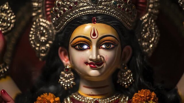 Goddess Durga Idol Close Up Adorned with Gold and Jewels