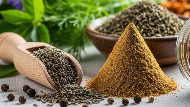 A variety of aromatic spices including cumin seeds and ground powder on a wooden surface.