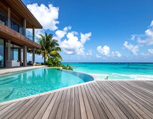 Obraz premium A serene tropical scene with a pool and ocean