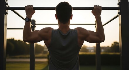 Naklejka premium Young man passionately challenging his physical limits with a demanding pull-up exercise outdoors, embodying strength and focused dedication during an intense workout session