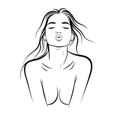 Dibujo con líneas del retrato de una hermosa joven desnuda enviando un beso © teracreonte